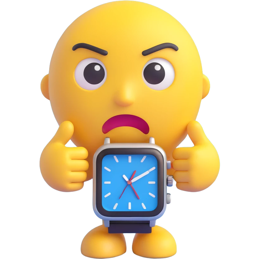 A yellow emoji face with a worried expression, looking at a wristwatch with raised eyebrows, showing urgency and stress emoji