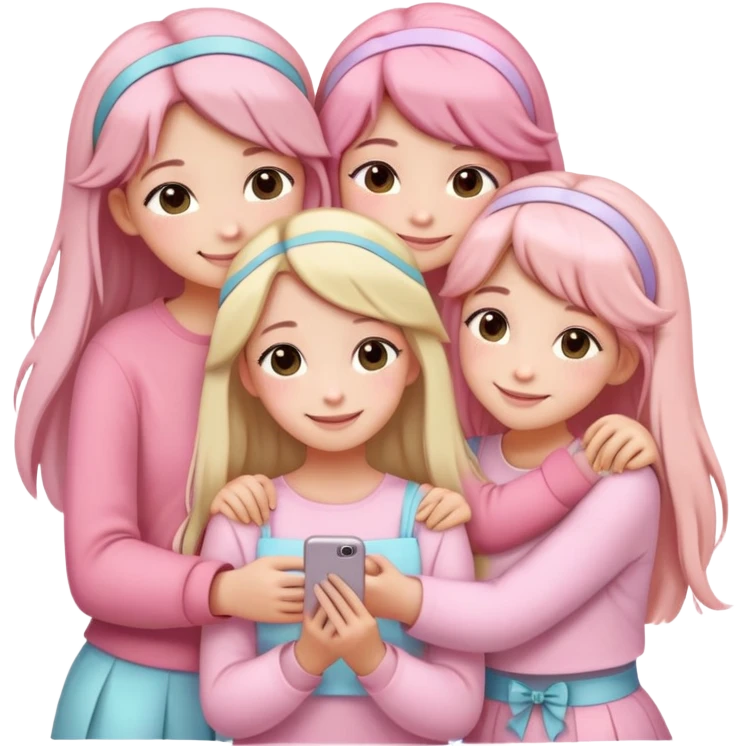 "Four girls hugging each other, all wearing soft pink clothes, two with long hair and two with shoulder-length short hair, smiling, cute iPhone emoji style, with hair accessories like headbands or ribbons, pastel color palette, soft shading, white background" emoji
