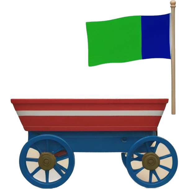 A flag devided horizontally the top vibrant Blue the bottom half green in the center a red wagon sixteen spoked wheel  emoji