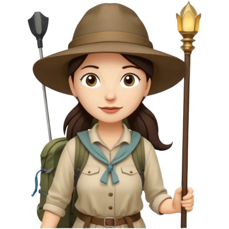 White women, long dark brown hair in ponytail with wide brim hiking hat. Walking with backpack and trekking poles.  She is a pilgrim on the Camino Frances on her way to Santiago de Compostela emoji