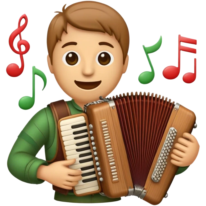 Create a warm and inviting emoji representing folk singing. The design should feature a traditional microphone, perhaps with a wooden texture, symbolizing the rustic and authentic feel of folk music. Surround the microphone with subtle elements such as a hand-played tambourine, an accordion, or a balalaika to reflect the folk instruments. Add flowing musical notes to symbolize the vocal melodies. Use earthy, natural colors like browns, reds, and greens to evoke a sense of tradition, warmth, and connection to the community. The background should be transparent. emoji