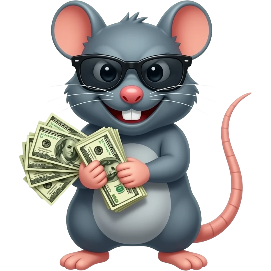 An angry rat wearing a sunglasses grab a bunch of money and smiling emoji