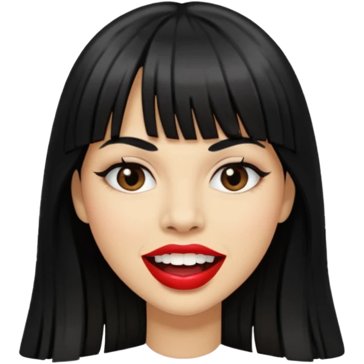 Woman a little tan with long black hairs and bangs, appearing teeth emoji