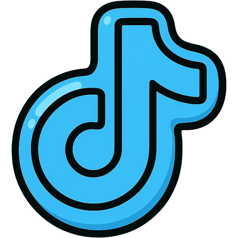 rounded inflated TikTok logo painted blue with clear black outlines, dimensional shadows, glossy highlights, playful outlined style with plump soft edges, no background emoji