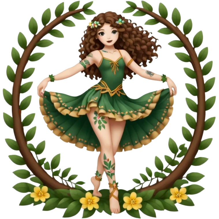 full body woman long curly brown hair brown eyes white skin tattoos forest nymph dancer pose, petal ribbons around legs emoji
