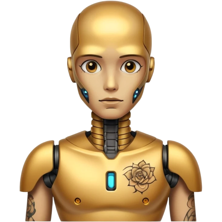 gold Tatooed robot, big many tatooes on chest, neck and face, tatoo on face emoji