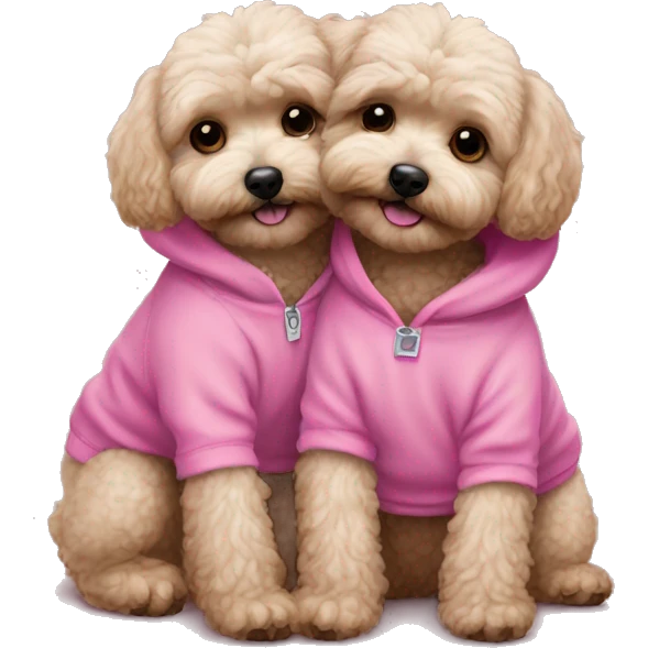 2 dark maltipoo dogs hugging, one wearing a pink sweatshirt and the other wearing a blue sweatshirt emoji