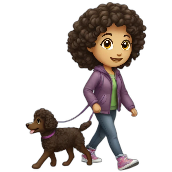 dark curly haired European young woman, walking her dog emoji
