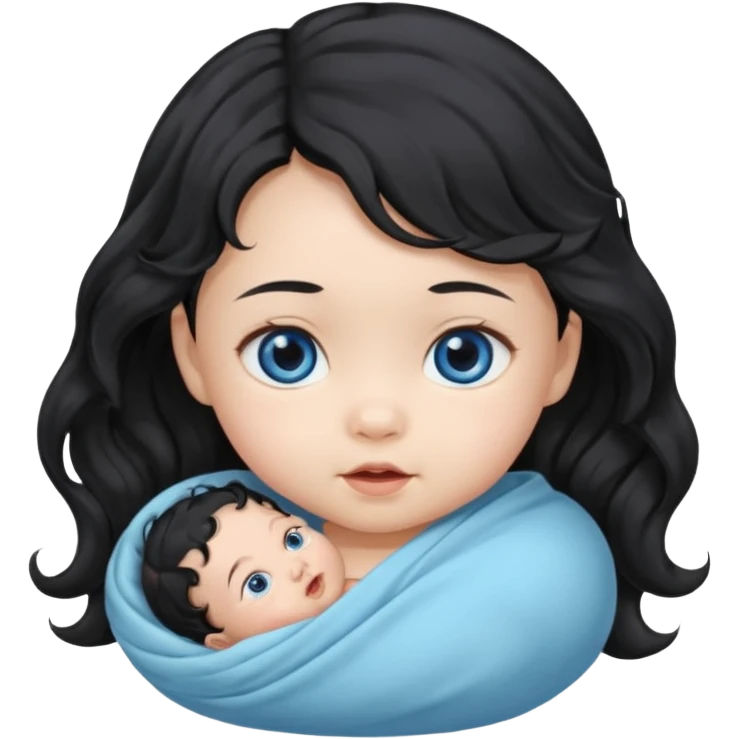 a girl asian newborn baby with black wavvy hair and blue eyes emoji