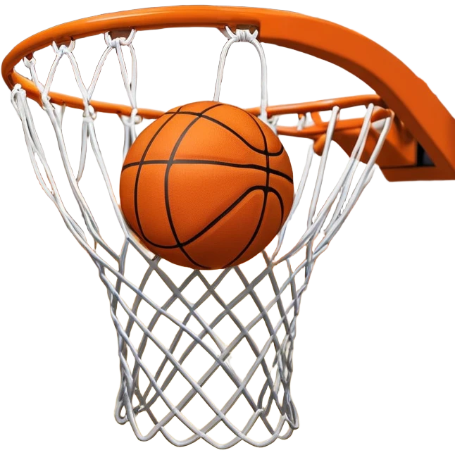 A close-up shot of a basketball entering the hoop, with the ball swishing through the net. The background features a blurred basketball court, emphasizing the perfect shot and the excitement of the game. emoji