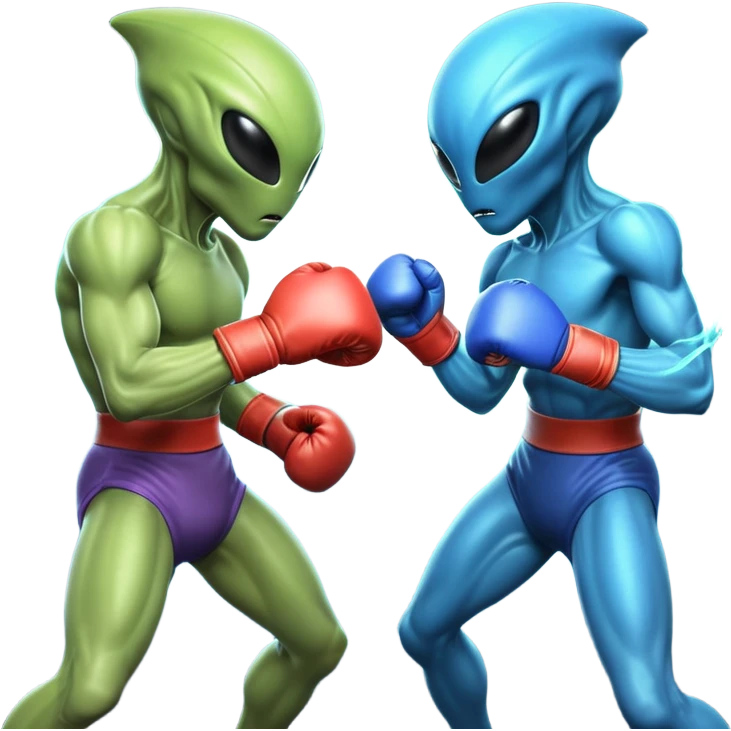 two alien fighters boxing, mid-punch action, motion blur effect, glowing energy impact, dramatic lighting, 3D cartoon, mobile game icon style, clean background, no text, no watermark
 emoji