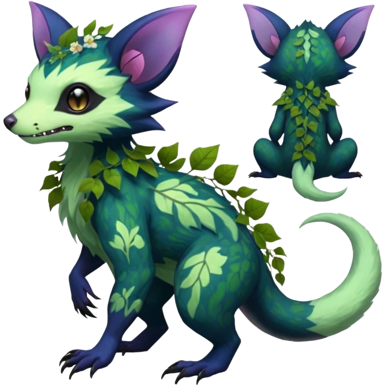 Realistic Sharp swampy mossy elemental ivy floral detailed Colorful translucent luminescent glowing Trico-Noibat-batty-Sergal-Furret-Ferret-Wolverine-Vernid-furry-fursona-fusion-Fakemon-animal-hybrid-creature, full body emoji