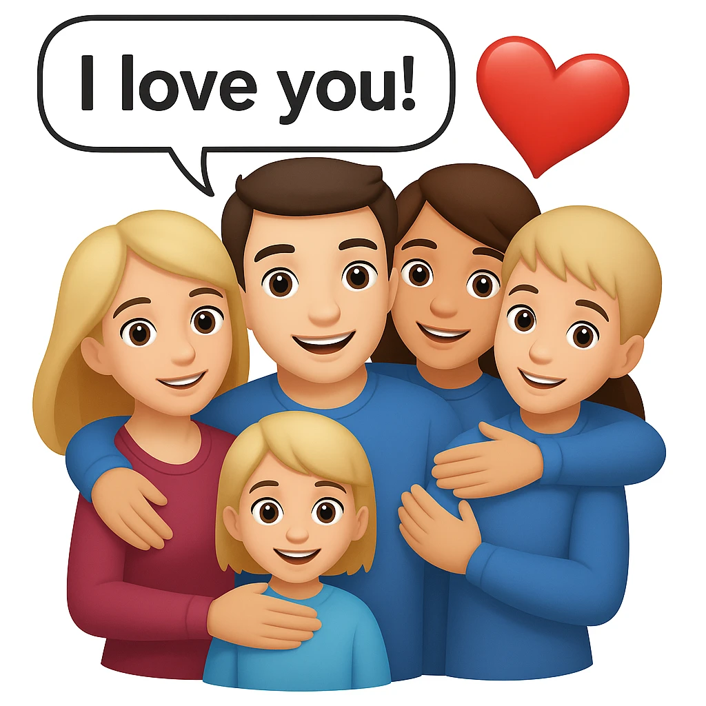 Add a speech bubble with the greeting 'I love you!' to the image, keeping the emoji style cheerful and expressive emoji