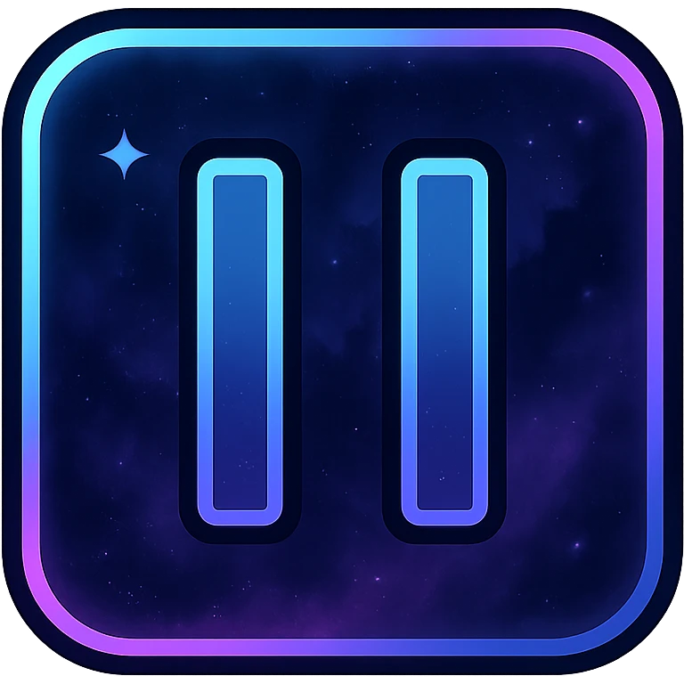 pause icon, modern clean lines with neon border and glowing effect, dark purples blues blacks base, nebula gradients, small bright stars, specular highlights, luminous look emoji