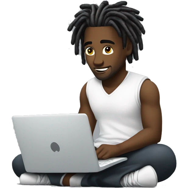 Black-guy-with-dreads-wearing-white-vest-sitting-down-on-floor-facing-foward-focused-on-laptop-computer emoji