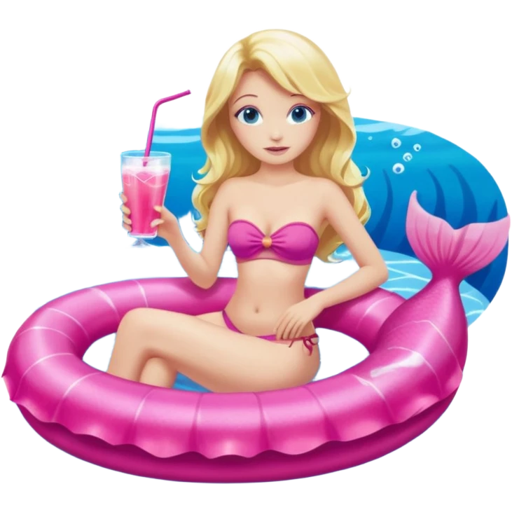 woman who is a mermaid with blonde hair and blue eyes sitting in a pink pool tube in a blue pool sipping a drink wearing a pink bikini top and a pink mermaid tail  emoji