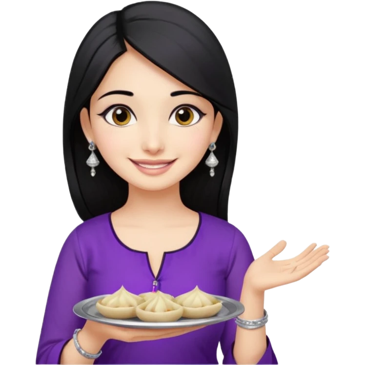 a pretty bratz girl with straight black hair, wearing a purple kurti, silver jhumkas, eyeliner, carrying a plate of momos. No necklace or bindi emoji