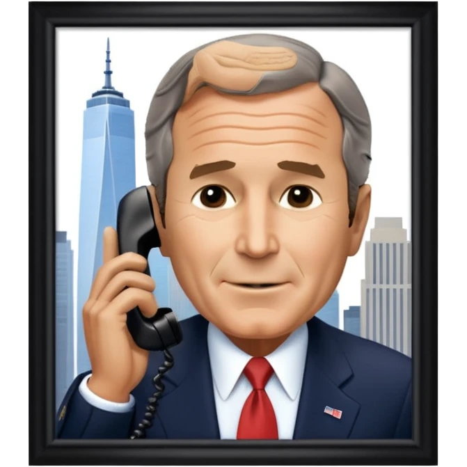  emoji of the world trade center with a plane crashed into it and george bush on a phone in front of them emoji