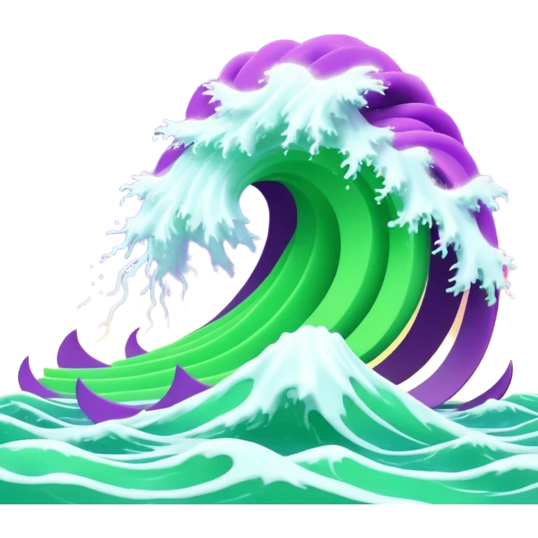 3D render of Tsunami, miniature weather phenomenon, volumetric particle effects, wavy glowing neon green and purple ribbons in the sky, elemental energy, emoji style, isolated on white background --v 6.0. emoji