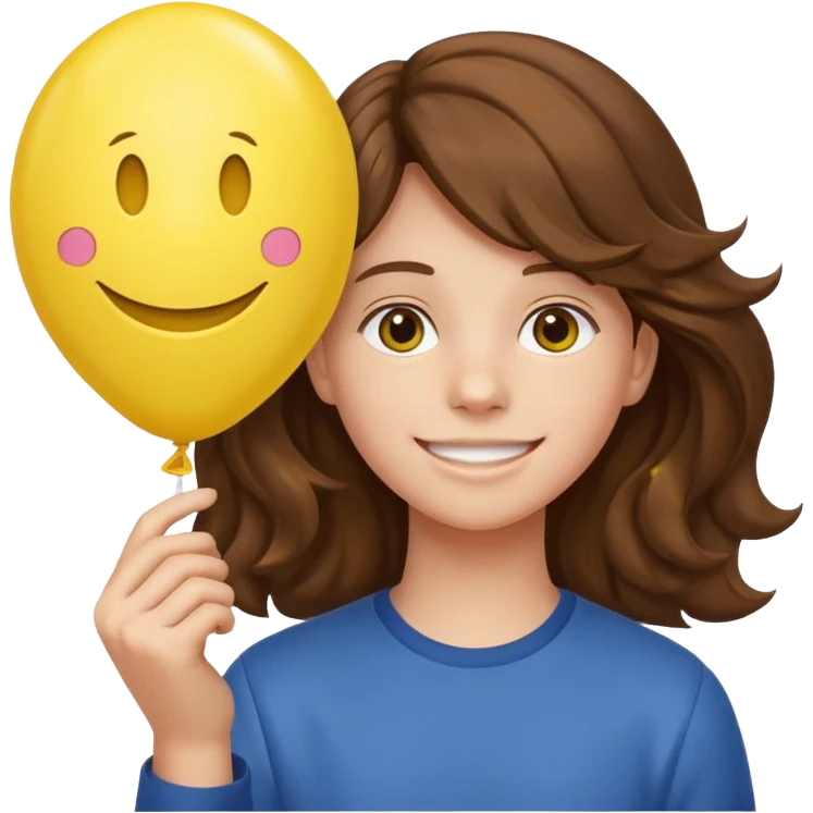 Teen wavy brown hair, with smiley-face balloon emoji