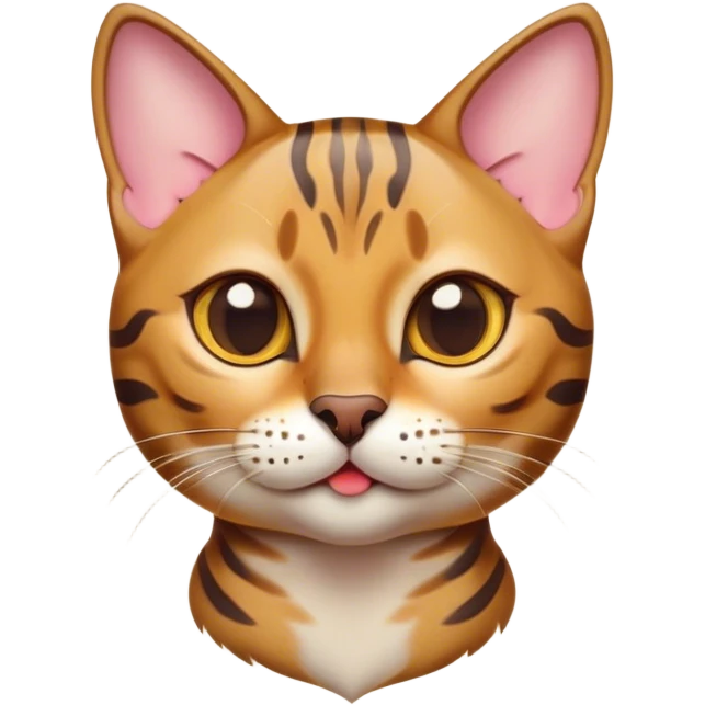 Cinematic Cute Bengal Cat Portrait Emoji, Playful and charming, sleek spotted brown and gold tones, Simplified yet adorable features, highly detailed, glowing with a warm, friendly glow, high shine, curious and affectionate, stylized with a touch of whimsy, head tilted in a playful and inquisitive manner, soft glowing outline, capturing the essence of a mischievous yet loving kitten, so endearing it feels like it could pounce out of the screen and play! emoji