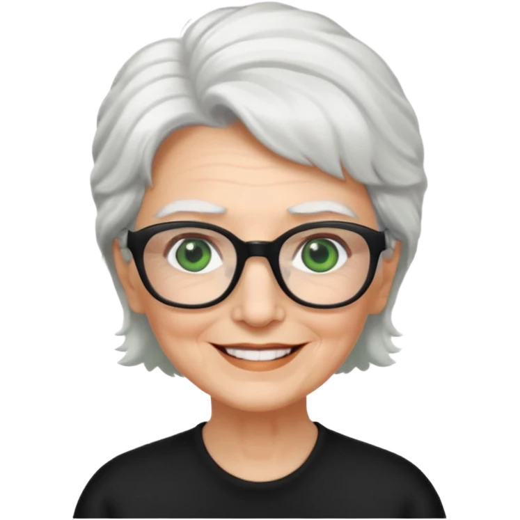 White hair grandma, green eyes, hair to shoulder, lokeg black glasses, rectangles face, smile , emoji
