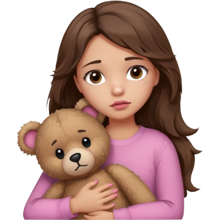 girl with long wavy brown hair, brown eyes, light to medium complexion, in a pink shirt, pink lips, long lashes, sad, hugging a teddy bear with a broken heart emoji