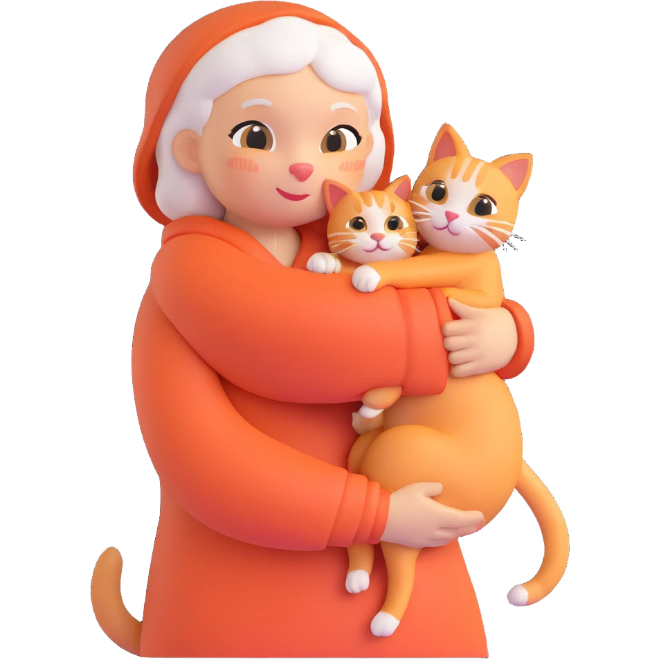 Show only one cat in the grandmother's arms, 3d emoji style, with no background (transparent) emoji