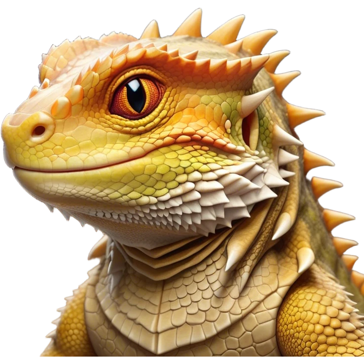 Cinematic Noble Bearded Dragon Portrait Emoji, Poised and regal, with a robust, angular build and a textured, scaled hide in earthy olive and sandy tones, a prominent spiky 'beard' beneath its chin and a keen, alert gaze, Simplified yet sharp and sophisticated features, highly detailed, glowing with a soft, dignified glow, high shine, intelligent and fierce, stylized with an air of desert majesty, focused and attentive, soft glowing outline, capturing the essence of a watchful and commanding reptile, so majestic it feels as though it could scuttle out of the screen with effortless authority! emoji