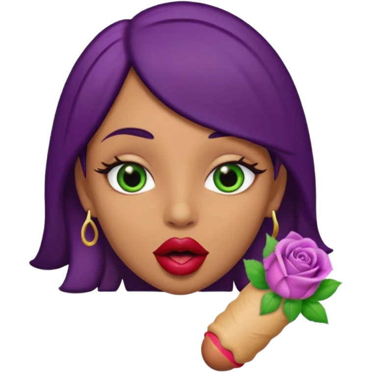 Big brown Puerto Rican skin colored DILDO  inside a juicy mouth that has lips shaped like rose buds  with blackish purple hair and Italian skin color with green almond shapes eyes, magical mouth with of mouth  emoji
