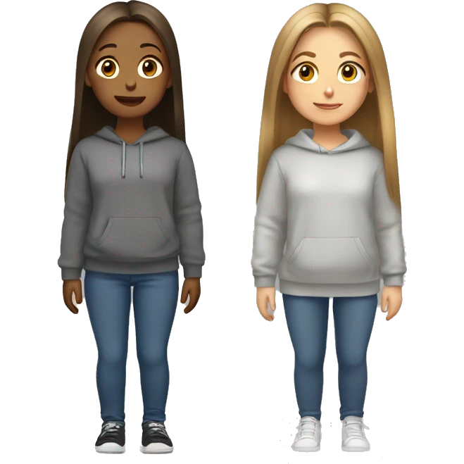 Two girls , one wearing a white sweat shirt with straight light brown hair , and the other wearing a dark grey sweatshirt with straight hair emoji