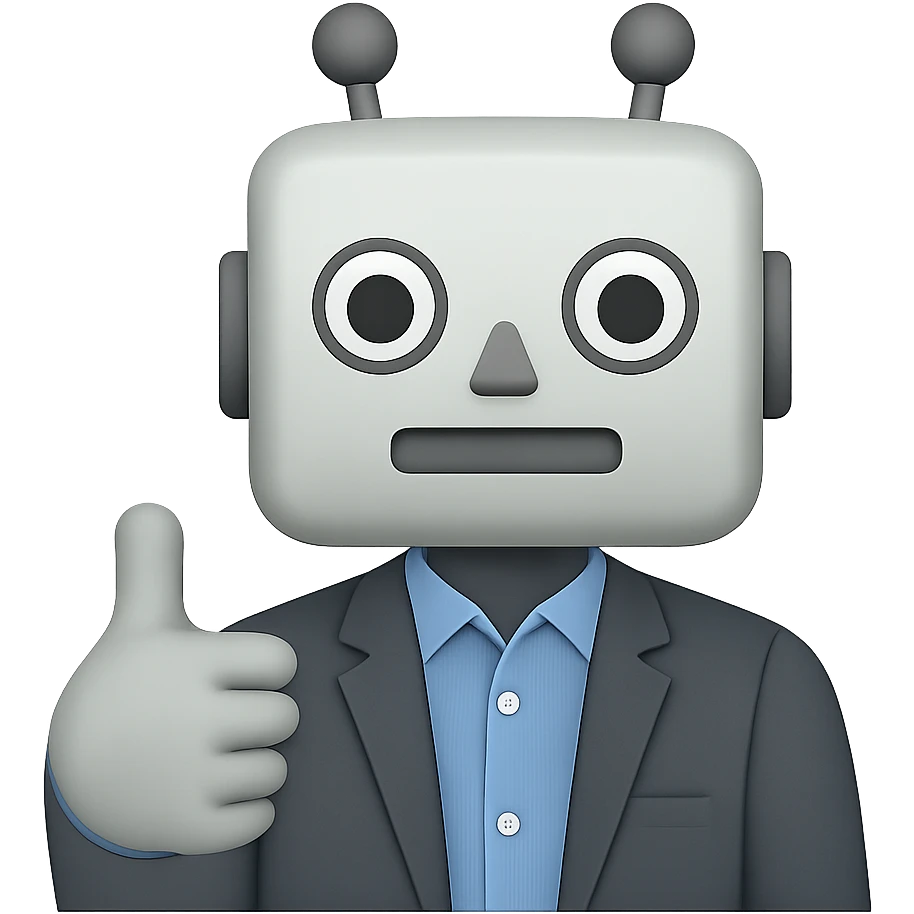 Make the recruiter robot emoji more masculine in a flat, Apple style. The robot should be giving a thumbs up and dressed in business casual. The background should be transparent. emoji