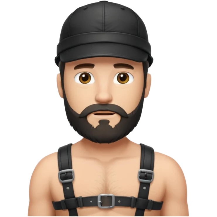 a bearded, leather Dom with a black leather cap and black chest harness over a naked chest emoji