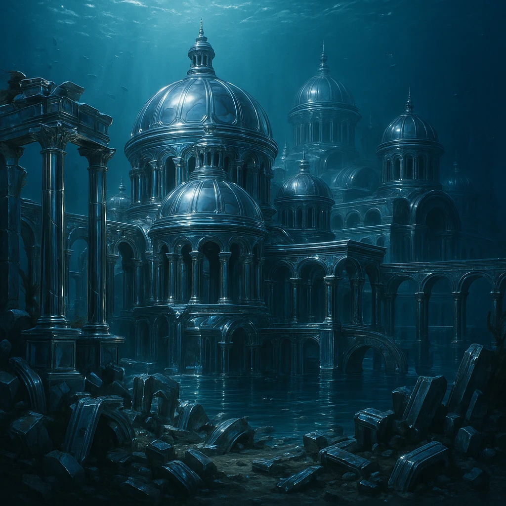 chrome style Atlantis, shiny metallic ruins and domes, underwater emoji