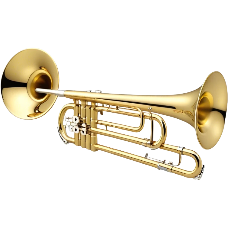 Create an elegant and detailed emoji representing the Bach Bb/F tenor trombone. The design should feature the smooth, shiny brass body of the trombone, showcasing its large, flared bell and curved tubing. Highlight the tuning slide with its polished metal finish, and the mouthpiece should be clearly visible. The trombone’s surface should have a gleaming brass tone with subtle silver accents around the mouthpiece and slide. Add a few musical notes or soundwaves emanating from the bell to emphasize the powerful sound of the trombone. Use golden and brass tones with reflective light effects to enhance the trombone’s professional and high-quality appearance. The background should be transparent. emoji
