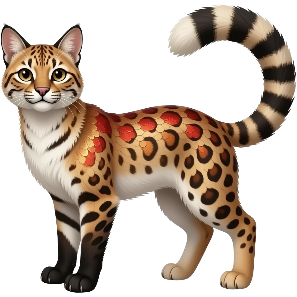 realistic elegant lanky scaly feathery reddish, bronze, beige, white brown, black, caracal-civet-snow-leopard-bobcat-genet-animal-Fakémon-hybrid, long thin tufted tail emoji