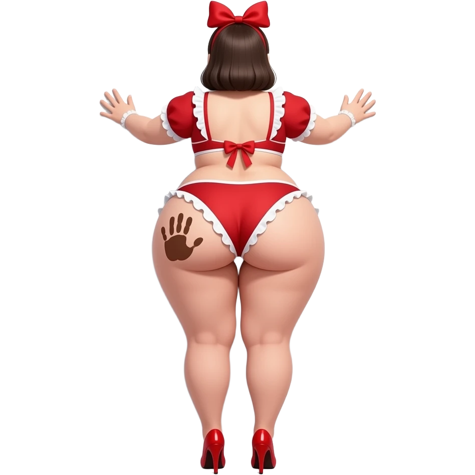 A tall really extremely fat heart shaped red and white big booty maid showing back its bikini and massively bog thighs and buttocks while putting her hands behind the wall and she has a brown colored hand print on her left buttocks and she with a red bow tie on her head wearing red high heels emoji