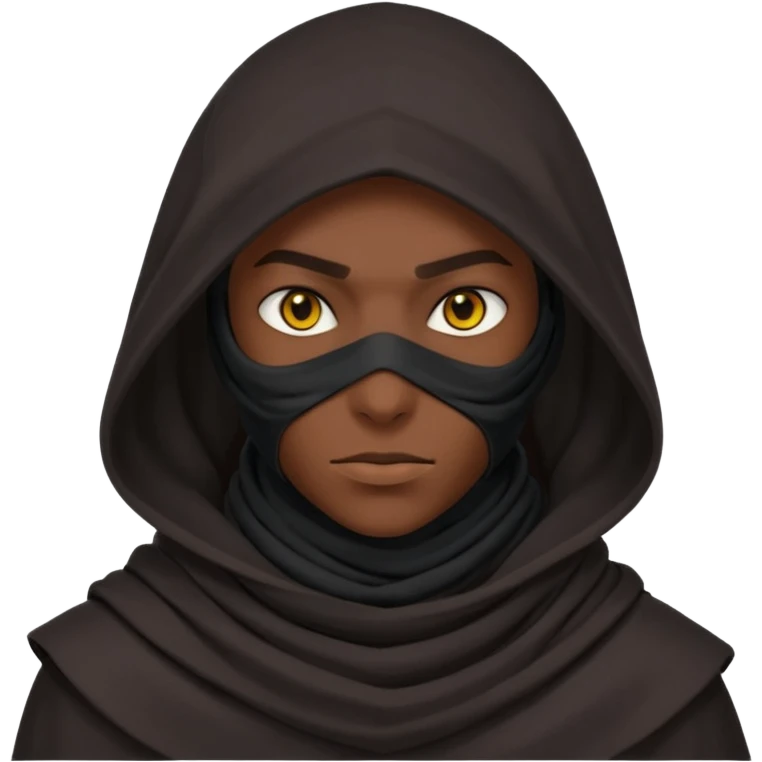 desert assassin portrait, head and shoulders only, dark hood, face scarf, mysterious glowing eyes, stealth vibe, 3D cartoon, mobile game icon style, clean background, no text, no watermark
 emoji