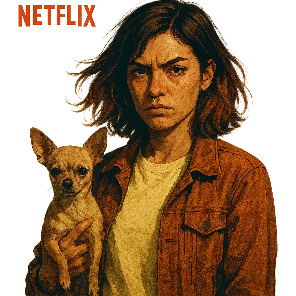 stylized Netflix series style portrait of a rebellious woman with tanned skin, freckles, pale yellow shirt (#FFF8CA), rust-colored jacket, medium-length brown hair with auburn highlights, holding a beige-brown chihuahua, transparent background emoji