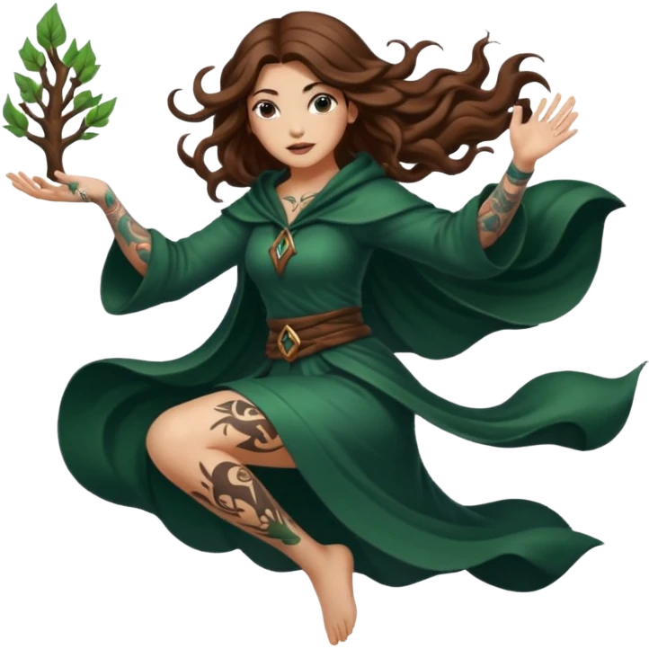forest mage woman long wavy brown hair tattoos drawing symbol mid-air emoji