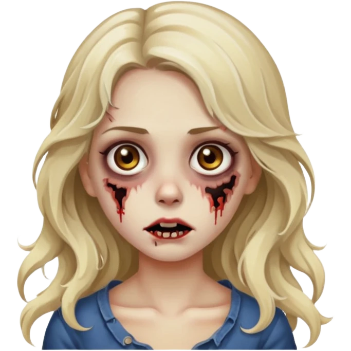Emoji de menina zumbi bonita, cabelo longo, ondulado, castanho quase loiro, olhos castanhos  emoji