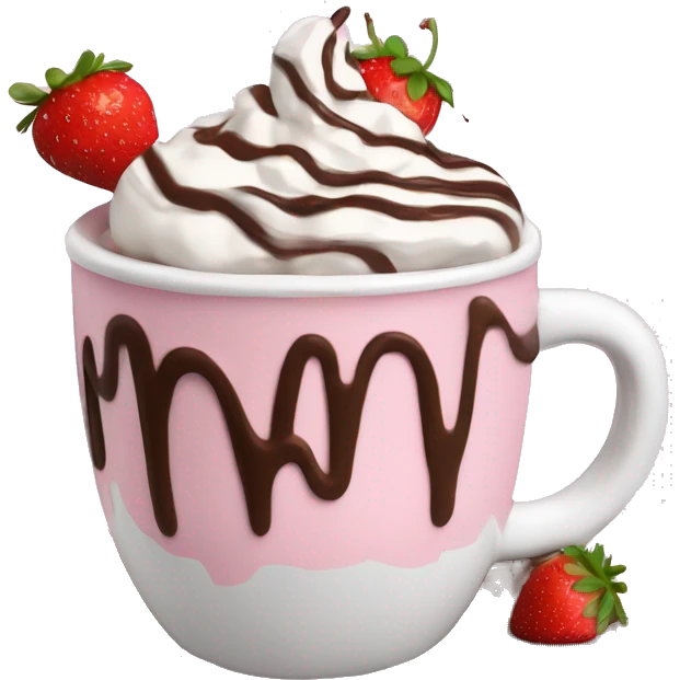 hot chocolate with mug and whip cream and chocolate drizzle and pale pink strawberry emoji