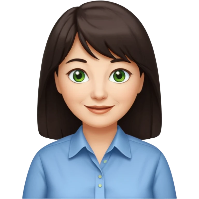 60 yr old woman, green eyes, long straight dark brown hair, business shirt, chubby, bangs emoji