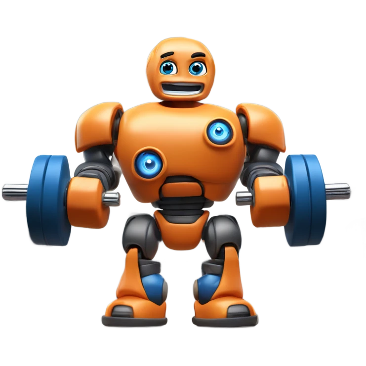 A Disney Pixar-style 3D render of a bodybuilder robot's face with blue eyes in a gym. show only the face and torso. The robot is wearing an orange tank top, holding a dumbbell, and has a confident, friendly expression emoji