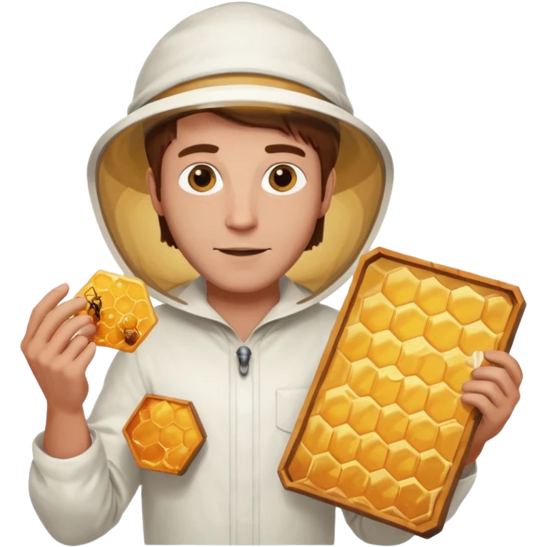 male bee keeper with brown hair, white outfit,  emoji