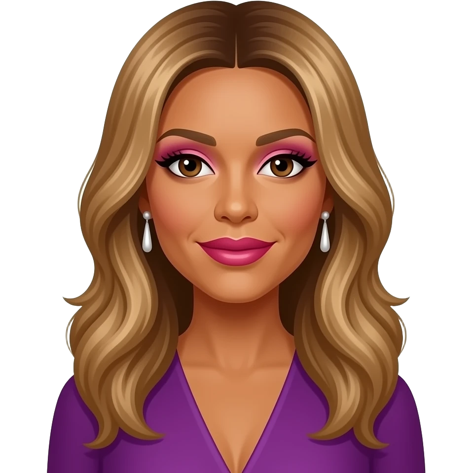 Wendy Williams with brown eyes, long golden brown hair, pink eyeshadow, hot pink lipstick, purple dress emoji