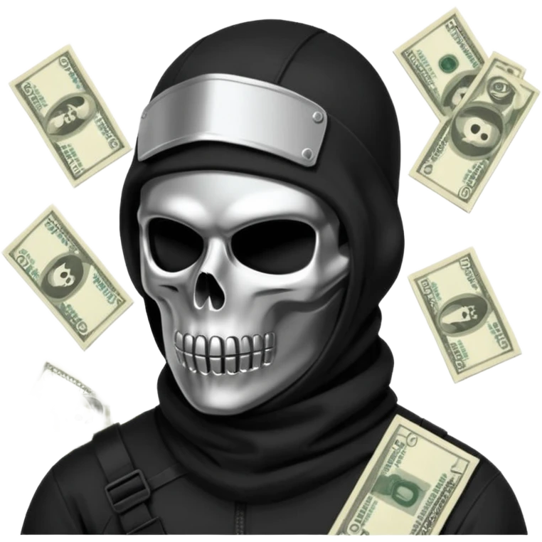 3D isometric icon, black tactical balaclava over a chrome skull, pile of abstract money, brutalist aesthetic, black background. emoji