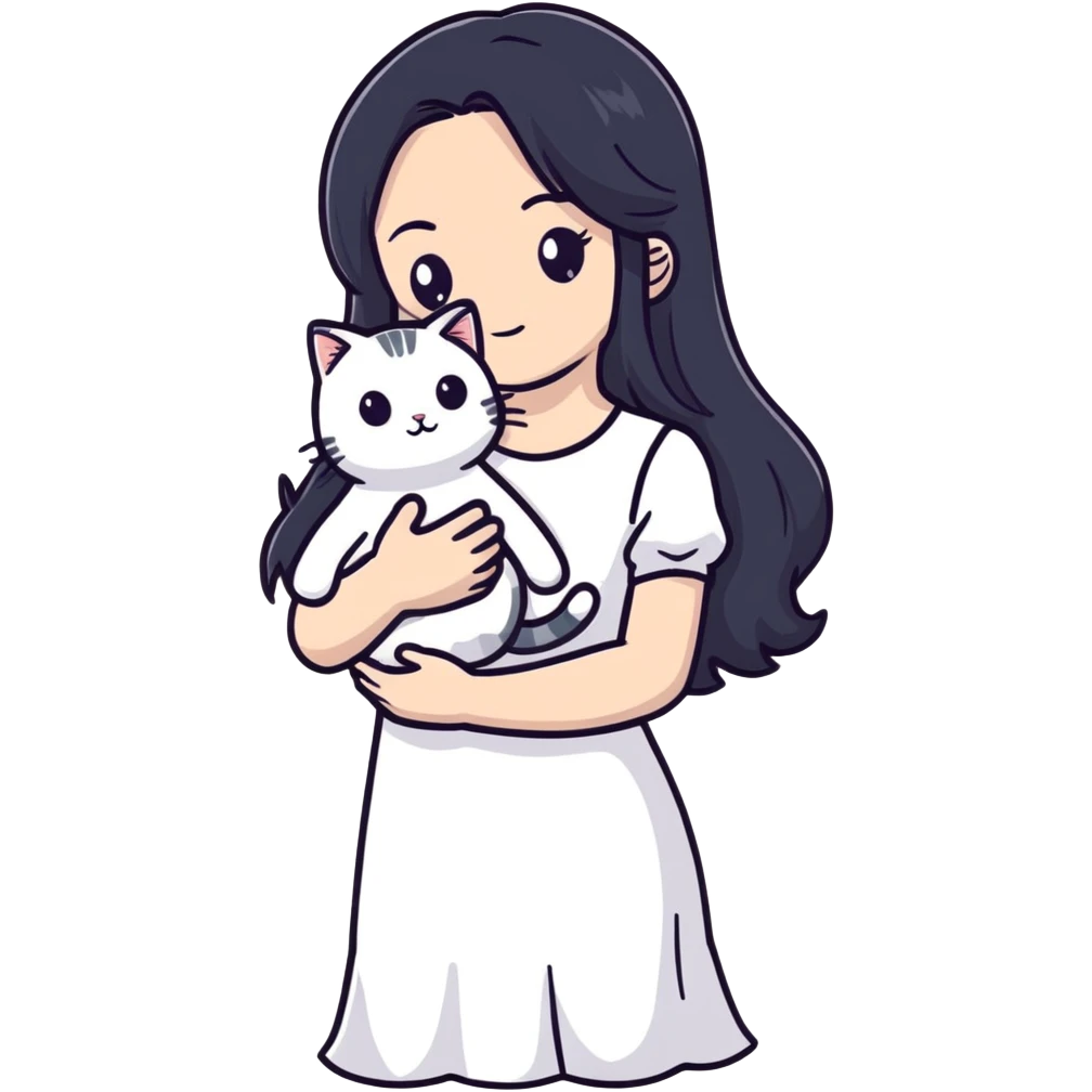 beautiful girl with long black hair wearing a white dress holding a cat in her arms emoji