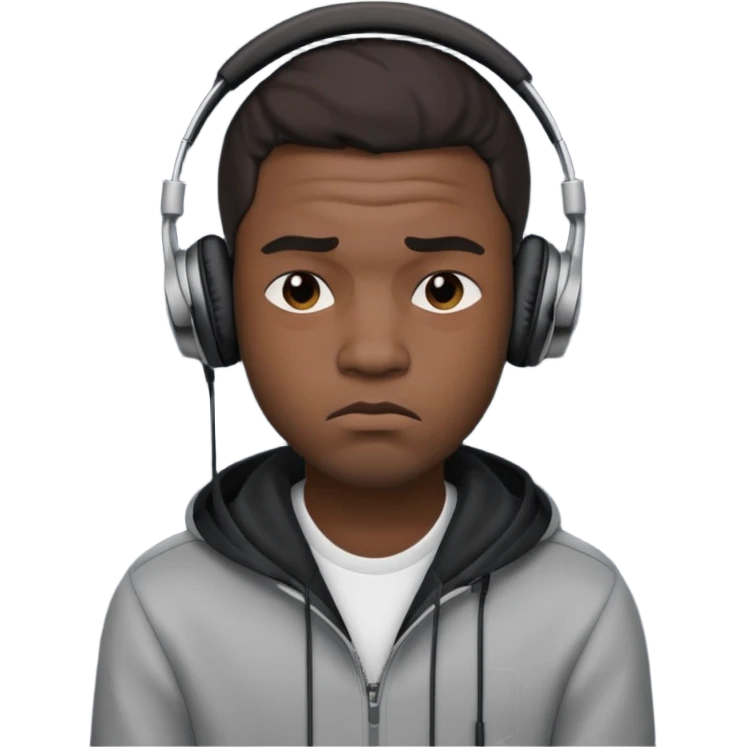 A 25-year-old black man with headphones on and pouting. emoji
