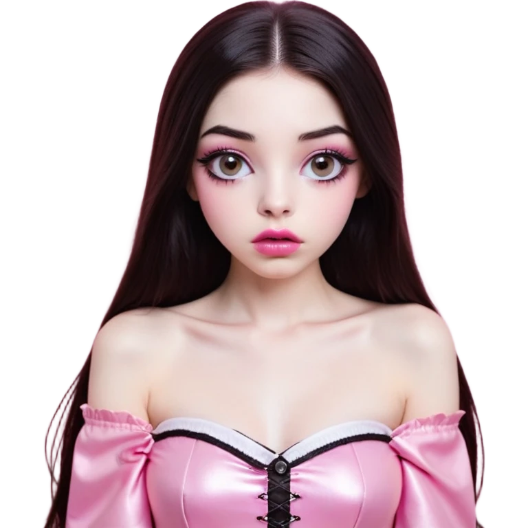girl with white skin, dark brown long straight hair with middle part falling in front of her body, very big pouty extra shiny lips with absolutely no cupid's bow, big round shiny eyes with black eyeballs and huge eyelashes, lighter button nose, very long oval-shaped face, wearing a pink off-shoulder top, looking directly at camera with hands down at sides emoji